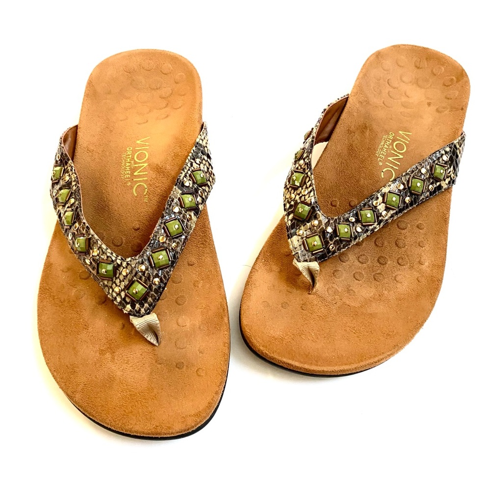 Vionic Floriana thong snake skin jeweled sandals size 10